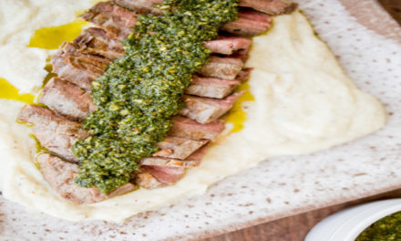 Flank Steak with Chimichurri Sauce over Cauliflower Purée