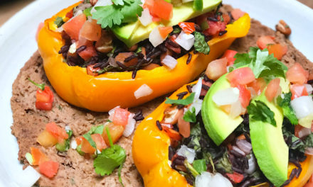 Rice and Bean Stuffed Peppers over Creamy Black Bean Puree