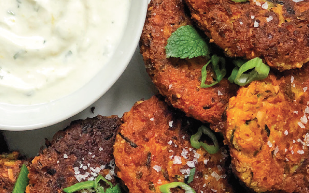 Zucchini and Sweet Potato Fritters with Garlic Sauce