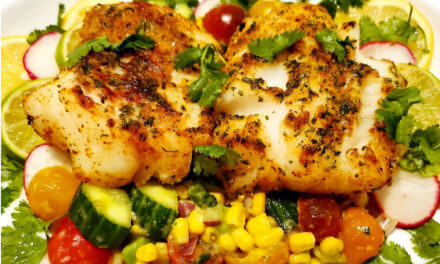 Lemon Baked Cod  with Corn, Tomato, Avocado & Cucumber Salad  