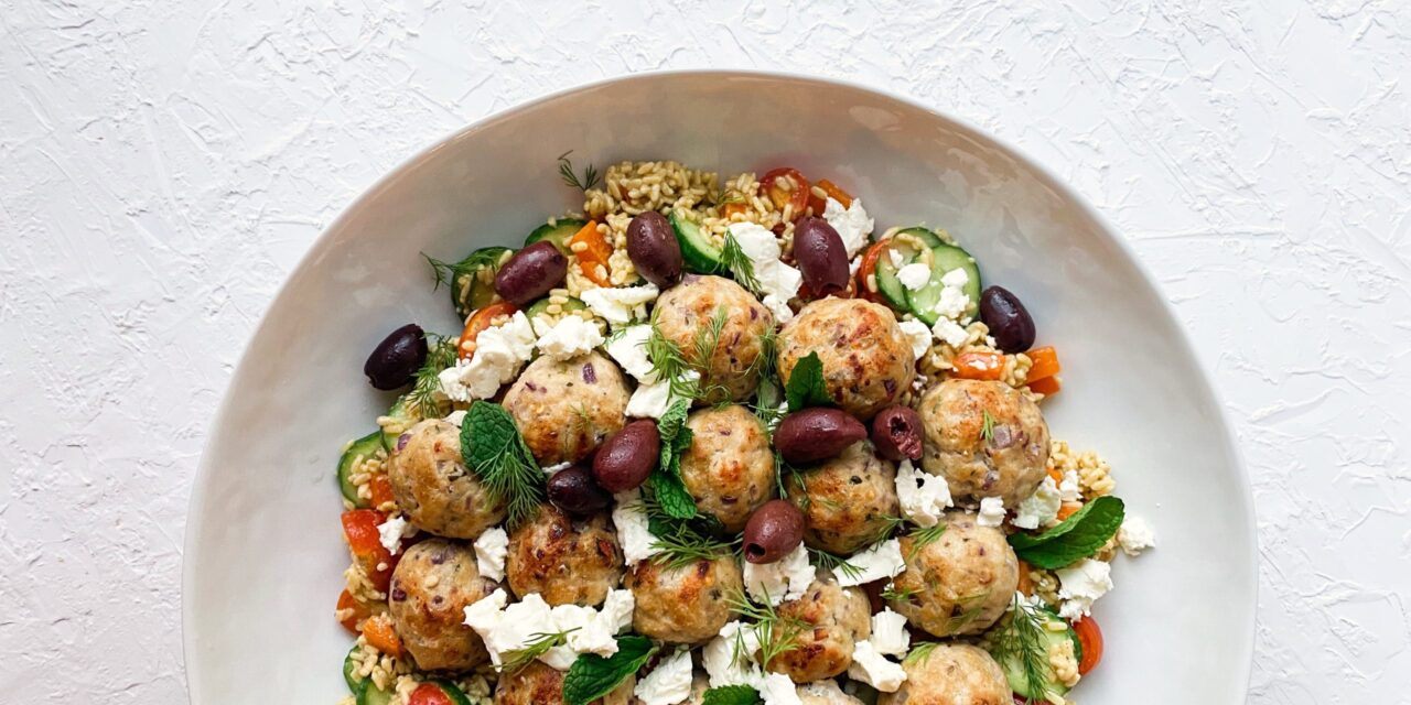 Greek-Inspired Chicken & Zucchini Meatballs with Loaded Rice Salad