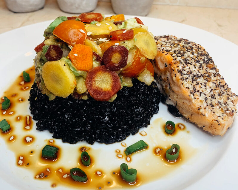 ‘Everything’ Encrusted Salmon Over Black Rice & Avocado Salad