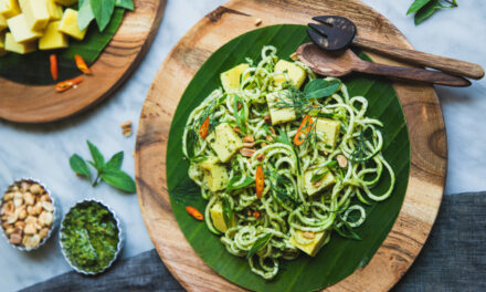 Burmese Tofu Over Zucchini Spirals & Thai Basil Pesto