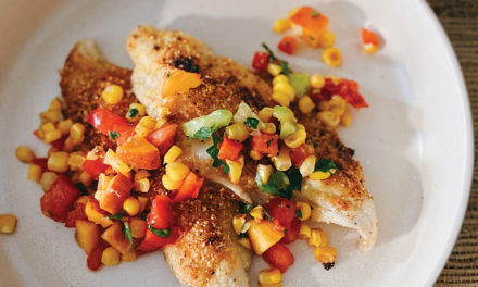 Pan Seared Cornmeal Crusted Catfish with Blistered Corn and Peach Salsa