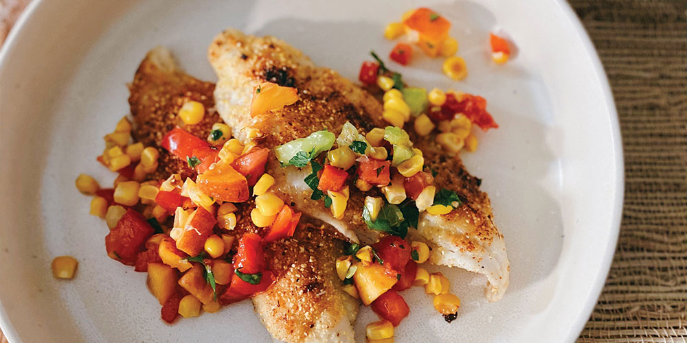 Pan Seared Cornmeal Crusted Catfish with Blistered Corn and Peach Salsa