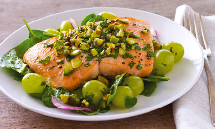 Roasted Salmon and Grapes with Pistachios Over Fresh Greens