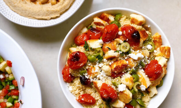 Grilled Halloumi Couscous with Blistered Tomatoes, Olives, & Feta
