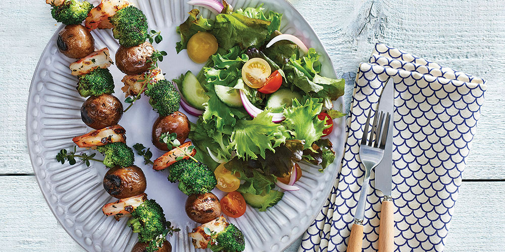 Shrimp, Broccoli & Potato Skewers with Lemon and Thyme 